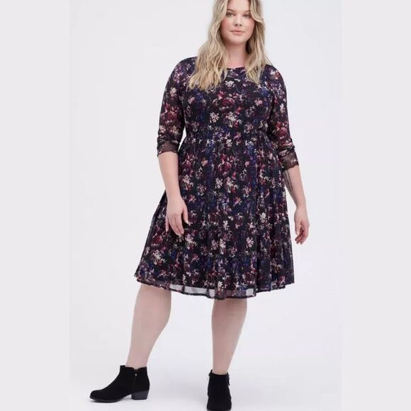 Torrid Ruffled Mini Dress in Mesh Floral Black - Picture 1 of 9